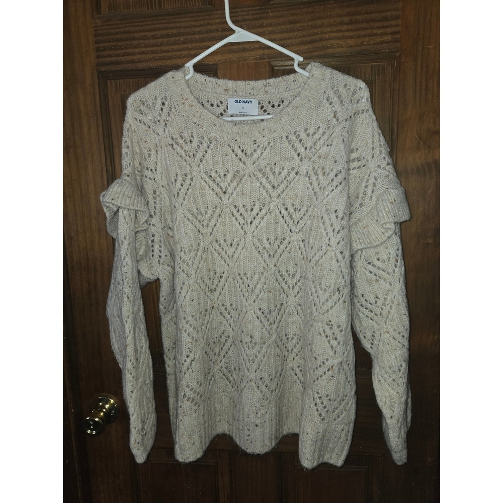 Old Navy Cream Oatmeal Speckled Pointelle Ruffle Shoulder‎ Sweater XL